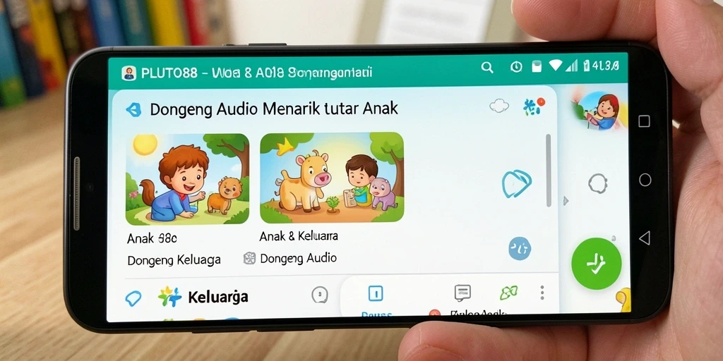 Antarmuka aplikasi PLUTO88 dengan pilihan dongeng audio yang menarik.